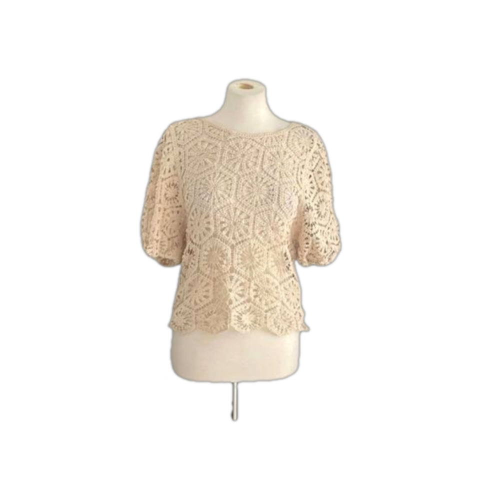 Woven Heart crochet Top Size L Beige Crocheted Boho Crochet Shirt | GUC